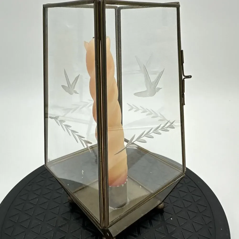 2 Vintage Brass & Glass Taper Candle Display Case Footed Flower Etched